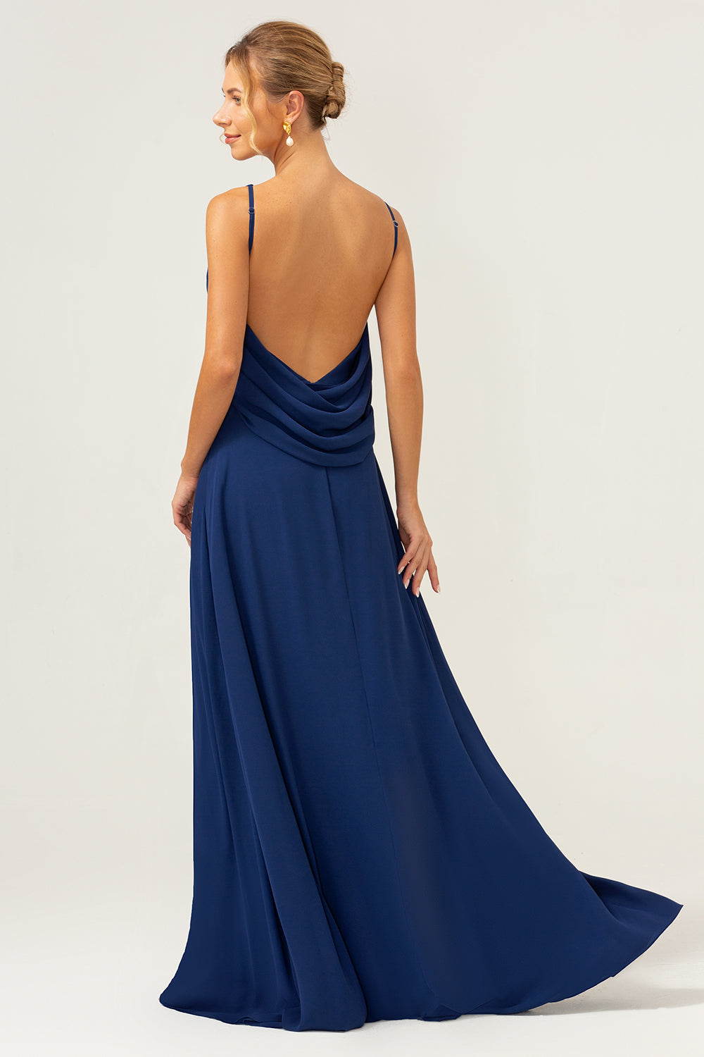 Mermaid Backless Long Chiffon Navy Bridesmaid Dress with Sleeveless