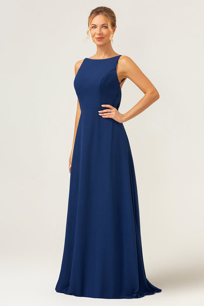Mermaid Backless Long Chiffon Navy Bridesmaid Dress with Sleeveless