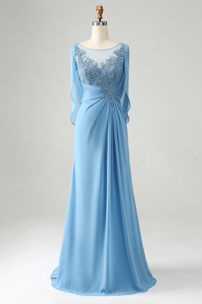 Blue Mermaid Beaded Cap Sleeves Mother of the Bride Dress with Appliques