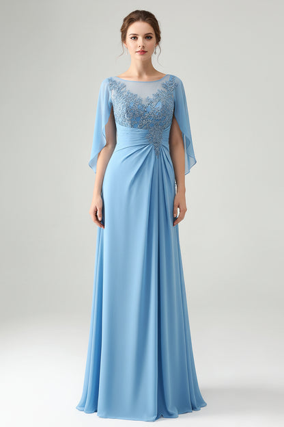 Blue Mermaid Beaded Cap Sleeves Mother of the Bride Dress with Appliques