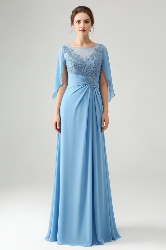 Blue Mermaid Beaded Cap Sleeves Mother of the Bride Dress with Appliques