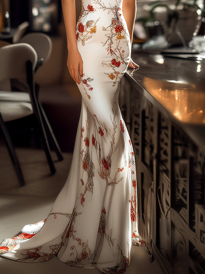 Midnight Blossom Halter Cheongsam Gown
