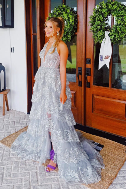 Light Gray Halter V-Neck A-Line Ruffled Prom Dress