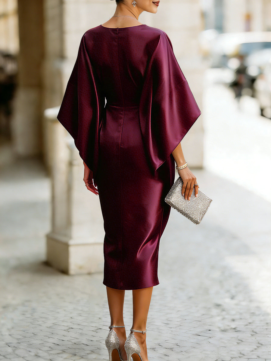 Satin Draped Midi Dress With Rhinestone Brooch Detail