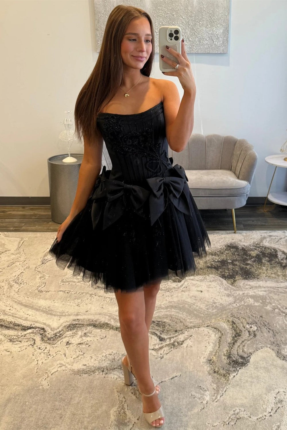 Stunning A Line Strapless Black Corset Homecoming Dress with Bowknot