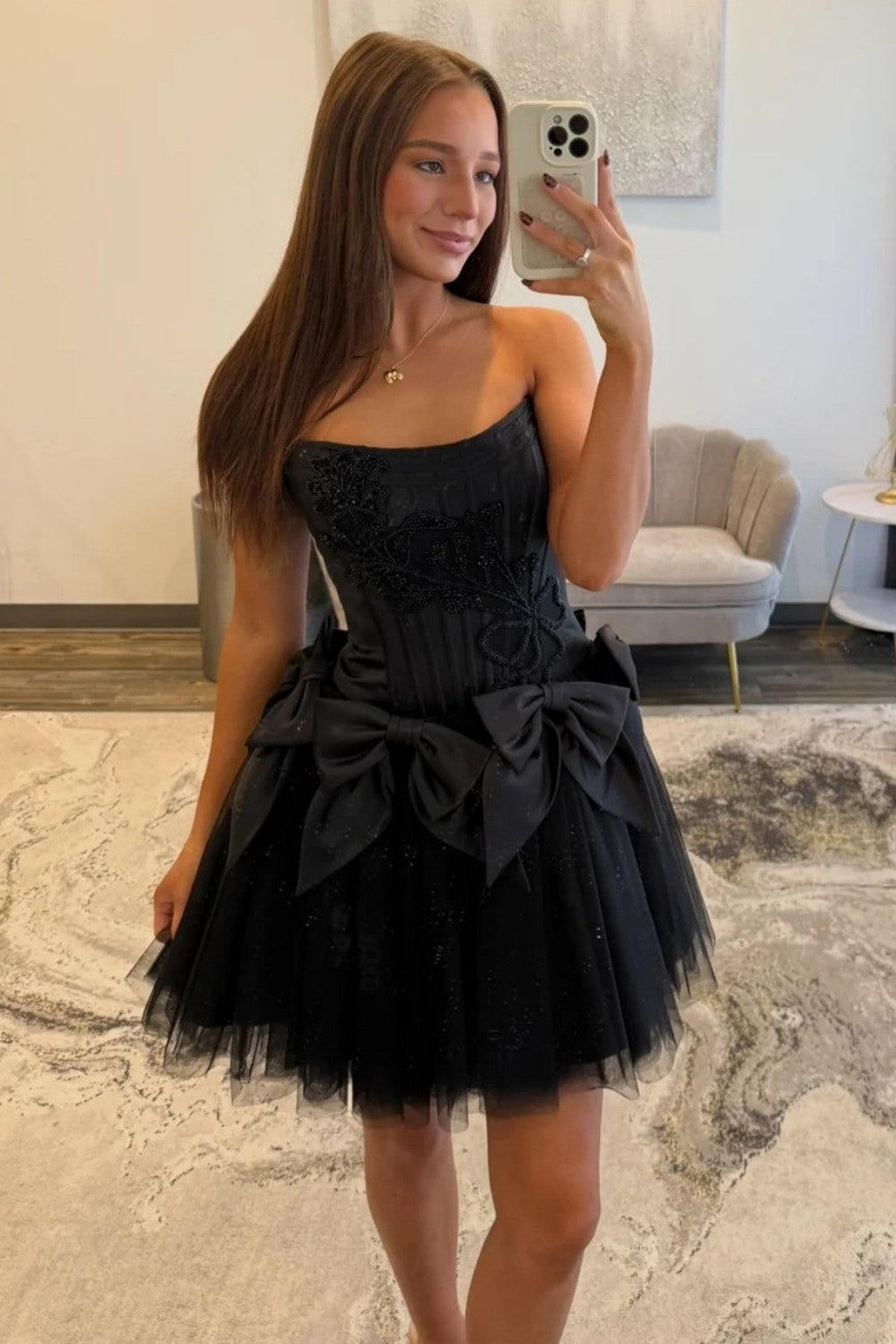 Stunning A Line Strapless Black Corset Homecoming Dress with Bowknot