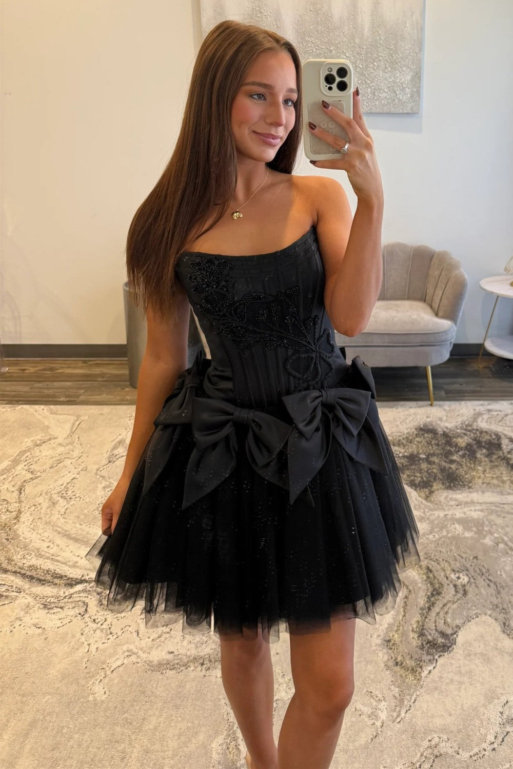 Stunning A Line Strapless Black Corset Homecoming Dress with Bowknot