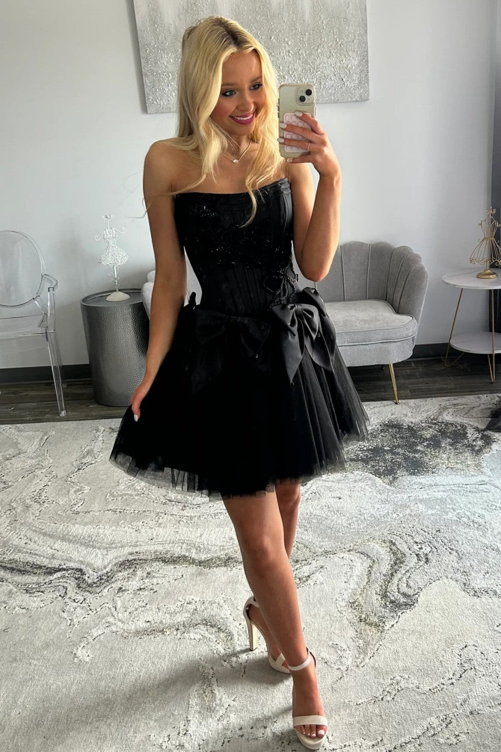 Stunning A Line Strapless Black Corset Homecoming Dress with Bowknot