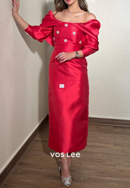 Red 3/4 Sleeve Off the Shoulder Rhinestone Embellished Ankle-Length Evening Dresses