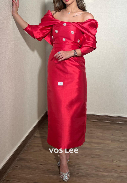 Red 3/4 Sleeve Off the Shoulder Rhinestone Embellished Ankle-Length Evening Dresses
