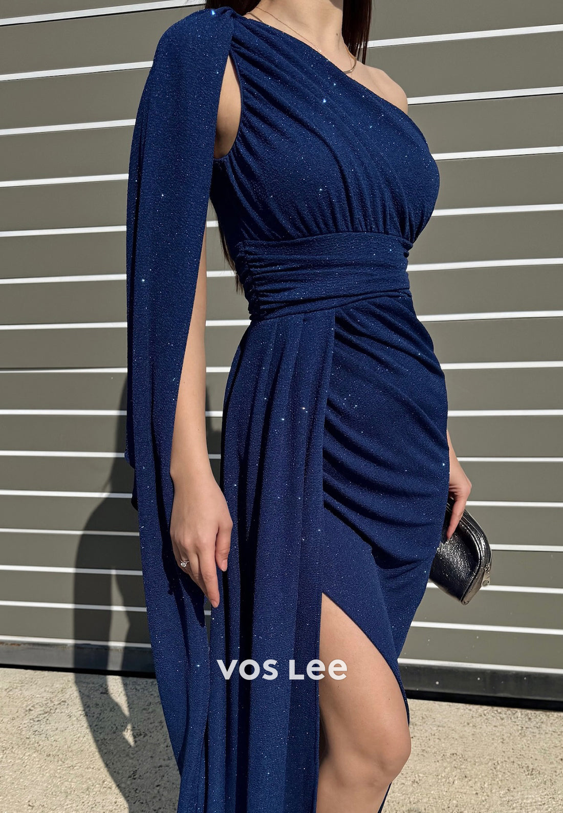 One Shoulder Floor-Length Pleated Mermaid Evening Dresses with High Split
