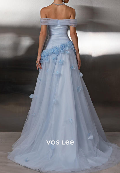 A-Line Off the Shoulder Tulle Appliques Pleated Prom Dresses with Sweep Train