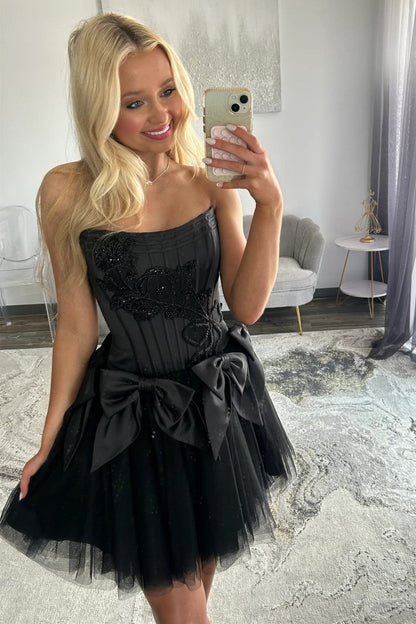 Stunning A Line Strapless Black Corset Homecoming Dress with Bowknot