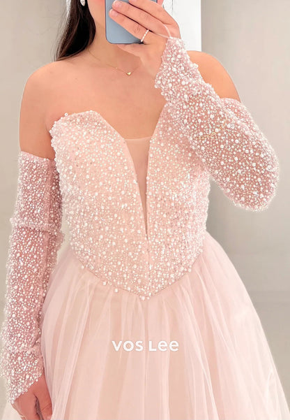 A-Line Long Sleeve Sweetheart Beading Pearls Pleated Prom Dresses with Sweep Train