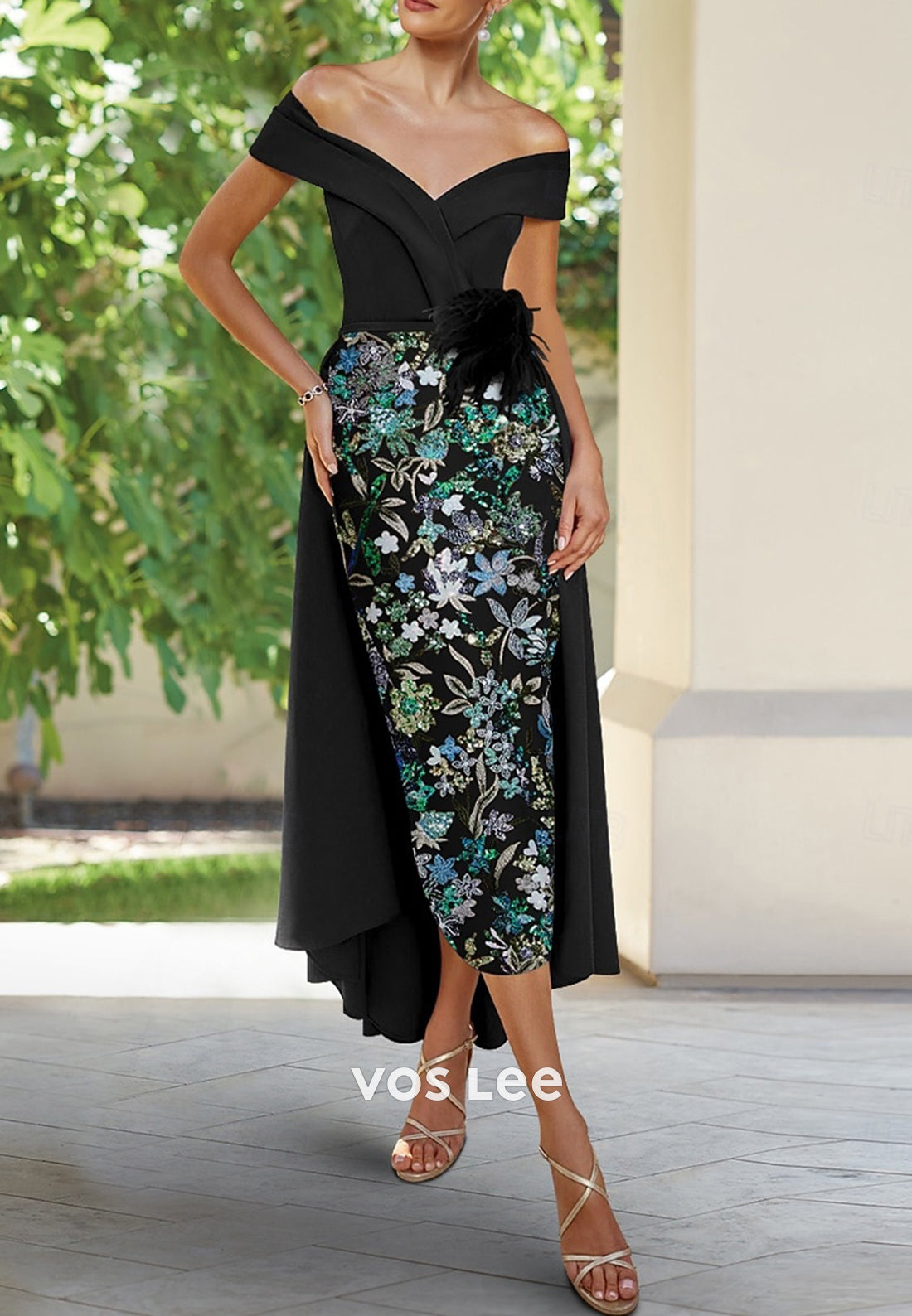 Off the Shoulder Appliques Tea-Length Ruched Mermaid Evening Dresses