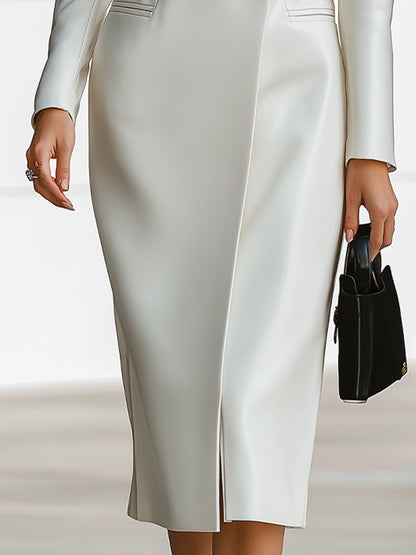 Elegant Double-Breasted Faux Leather Blazer Midi Dress