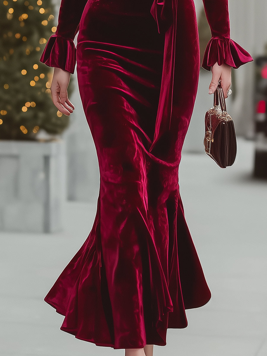 Luxury Wine Red Velvet Wrap Mermaid Dress
