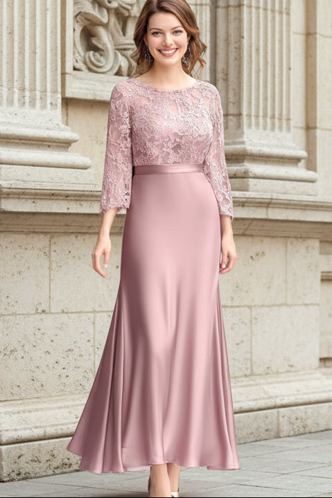 Pink Lace Ruched Long Sleeves Mother of the Bride Dress