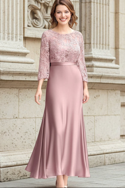 Pink Lace Ruched Long Sleeves Mother of the Bride Dress