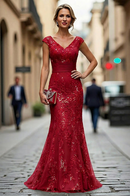 Dark Red Mermaid V-Neck Embroidered Mother Of The Bride Dress with Sequins