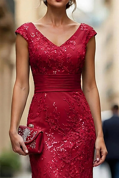 Dark Red Mermaid V-Neck Embroidered Mother Of The Bride Dress with Sequins