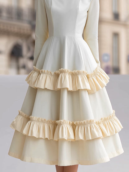 Tiered Ruffle Midi Dress With High-Neck Silhouette