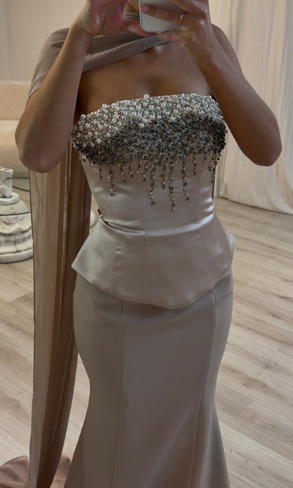 Luxury Crystal Fringe Formal Dress | Satin Mermaid Gown with Cape