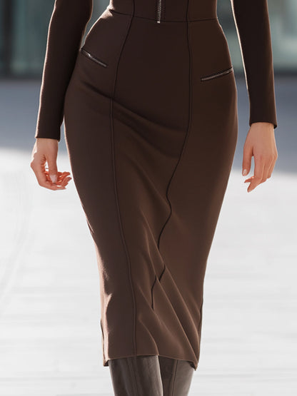 Mocha Zip-Front Fitted Pencil Dress