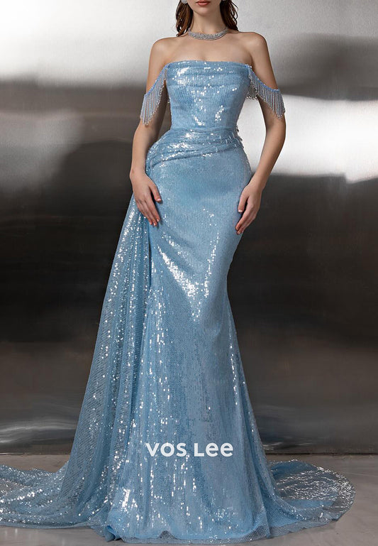 Fully Sequined Beaded Fringe Off the Shoulder Mermaid Prom Dresses