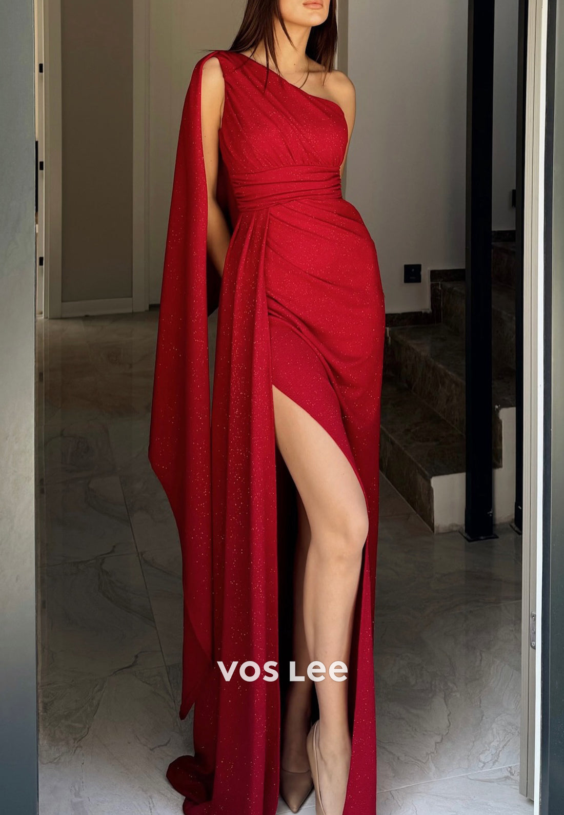 One Shoulder Floor-Length Pleated Mermaid Evening Dresses with High Split