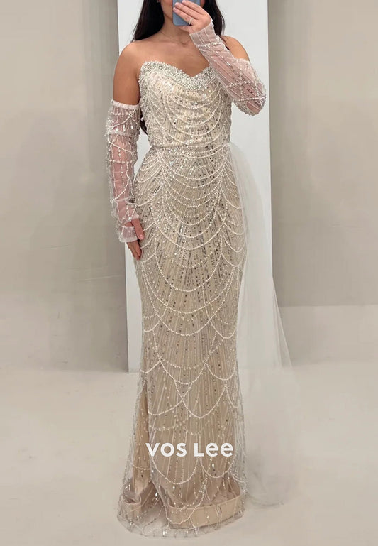 Long Sleeve Sweetheart Fully Sequins Beaded Floor-Length Mermaid Evening Dresses