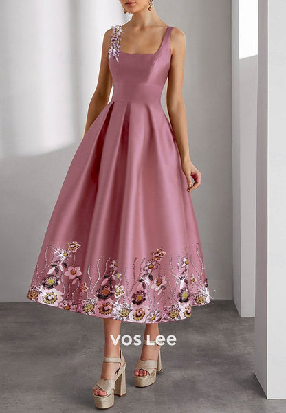 Glamorous & Dramatic A-Line Square Appliqued Pleated Evening Dresses