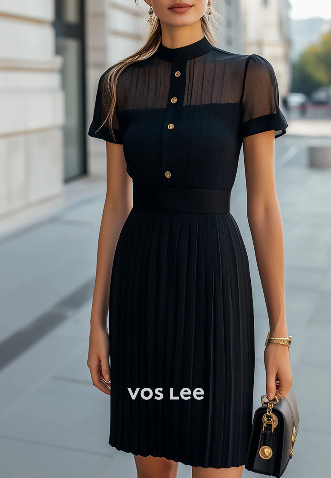 Simple A-Line Short Sleeve Illusion Neck Knee-Length Pleated Wedding Guest Dresses