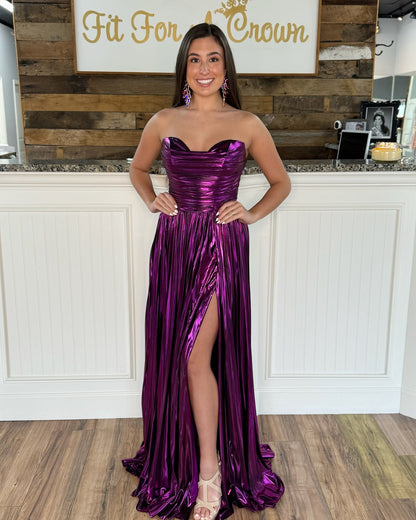 Strapless Gold Ruched A-line Long Formal Dress