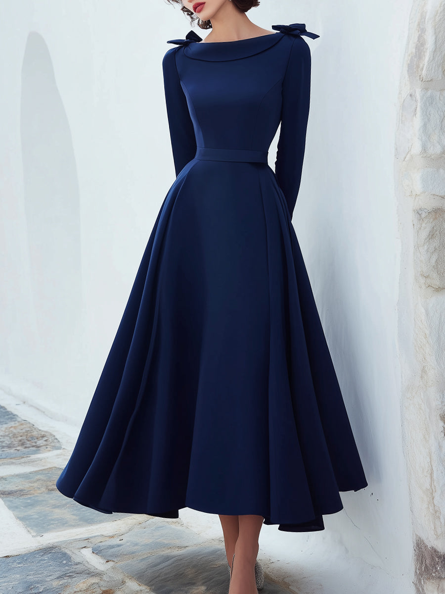 Navy Bow-Shoulder Long-Sleeve Midi Dress