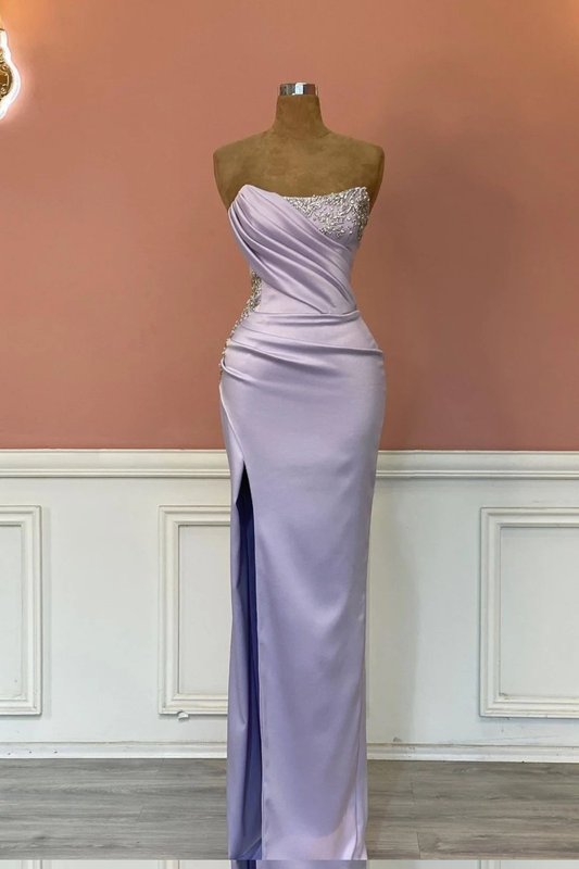 Satin Strapless Sleeveless Long Pleated Mermaid Prom Dress With Rhinstone And High Split