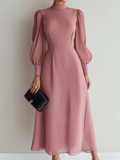 Rose Mist High-Neck Chiffon-Sleeve Midi Gown