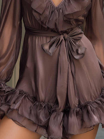 VOS LEE Ruffle Trim Organza Mini Dress In Smoky Taupe
