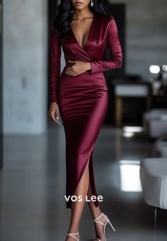 Long Sleeve V Neck Tea-Length Pleated Mermaid Wedding Guest Dresses Party Dresses