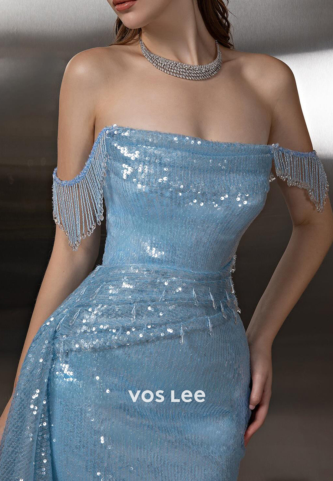 Fully Sequined Beaded Fringe Off the Shoulder Mermaid Prom Dresses