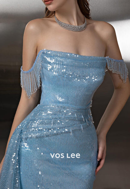 Fully Sequined Beaded Fringe Off the Shoulder Mermaid Prom Dresses