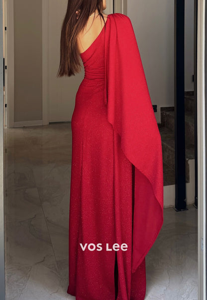One Shoulder Floor-Length Pleated Mermaid Evening Dresses with High Split