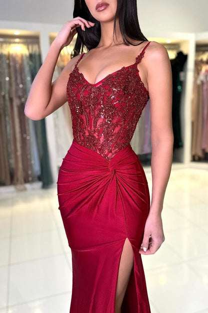 Burgundy Spaghetti-Straps V-Neck Evening Gowns Sleeveless Mermaid With Split Appliques