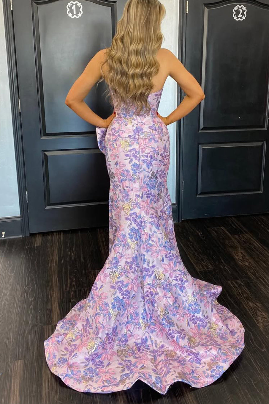 Mermaid Lavender Jacquard Satin Slit  Prom Dress with Bow