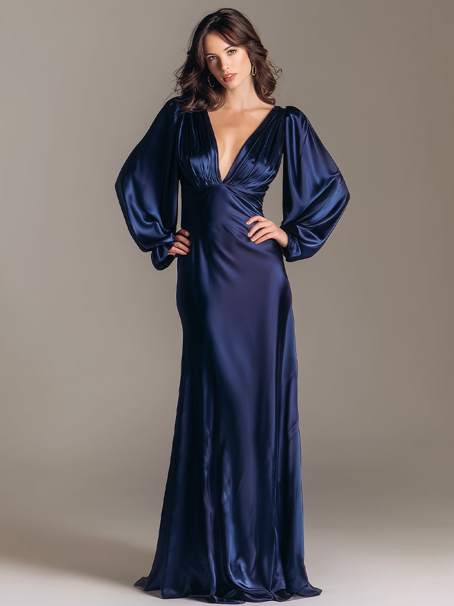 Midnight Elegance Deep-V Satin Gown With Dramatic Bishop Sleeves