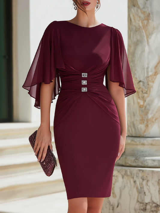 Ruched Cape Sleeve Embellished Cocktail Dress