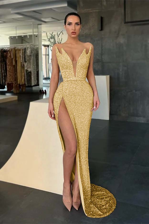 Sleeveless Strapless Evening Dress Sequins Mermaid With Split