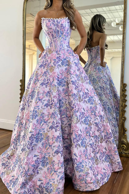 Gorgeous Ball Gown Scoop Neck Jacquard Satin Prom Dress with Pearls