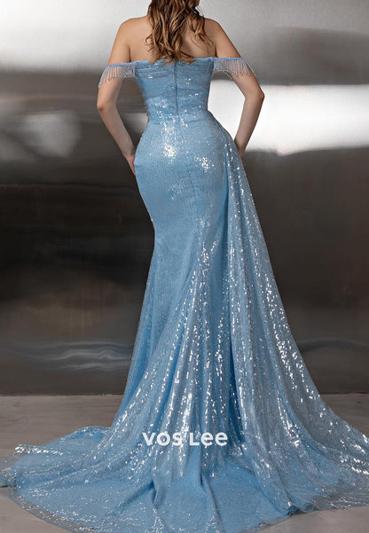 Fully Sequined Beaded Fringe Off the Shoulder Mermaid Prom Dresses