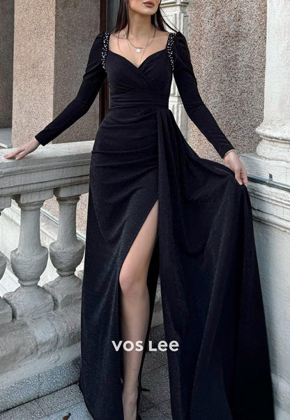 Long Sleeve V Neck Beaded Floor-Length Sheath Evening Dresses with Side Split